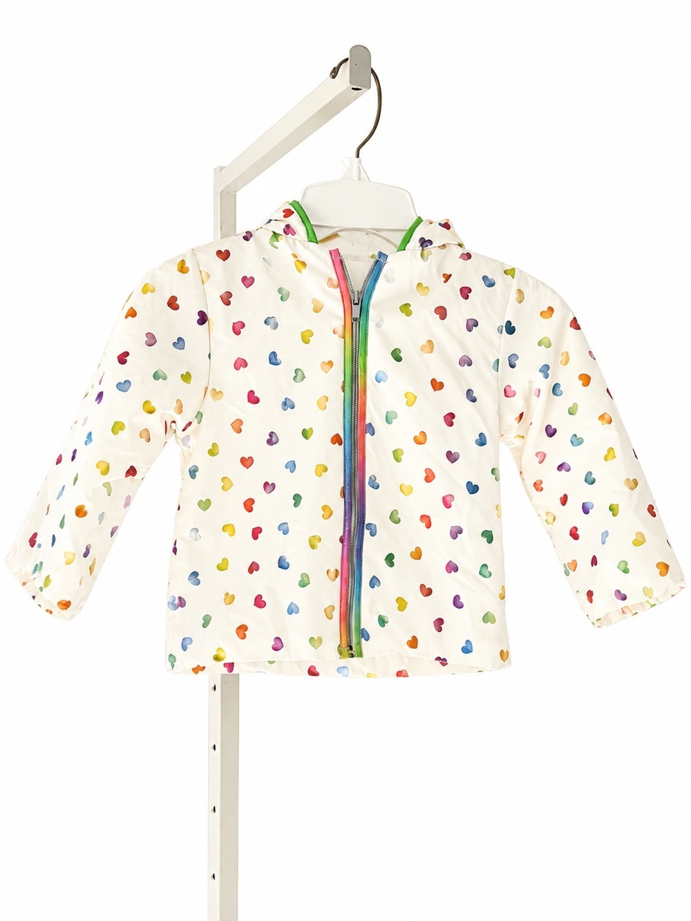Penelope Mack White Hooded Swim Jacket with Rainbow Hearts